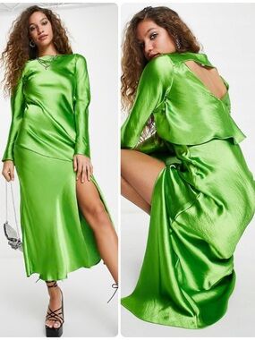 Topshop Lime Green Satin Long Sleeve Side Slit Cutout-Back Maxi Dress NWT $129